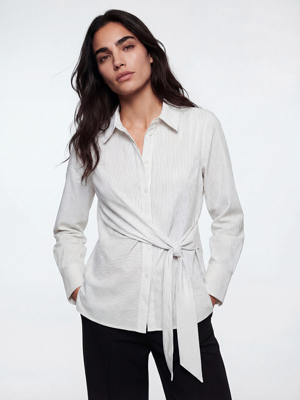 Ekru Çizgili Poplin Kadın Gömlek