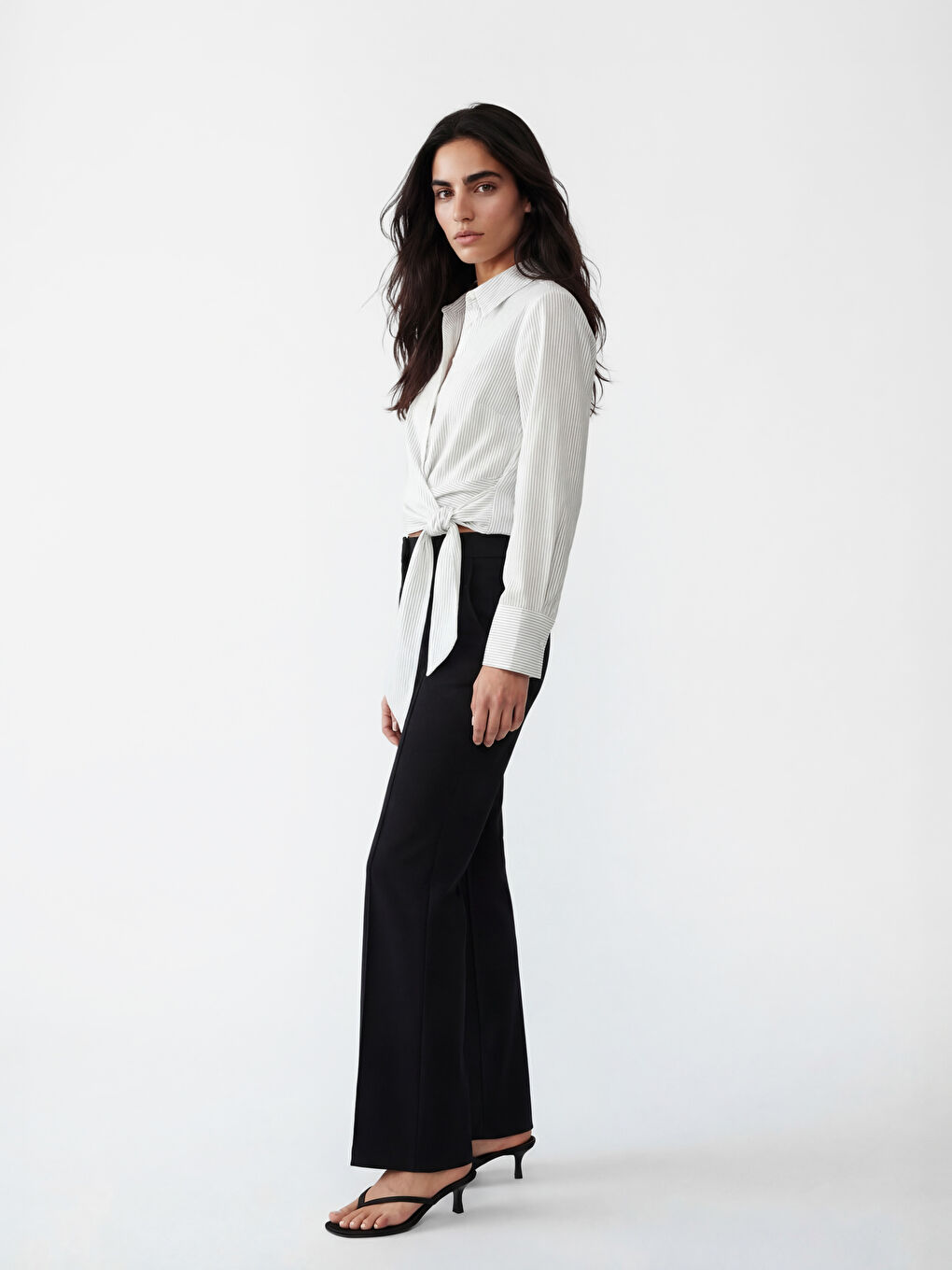 Ekru Çizgili Poplin Kadın Gömlek-1