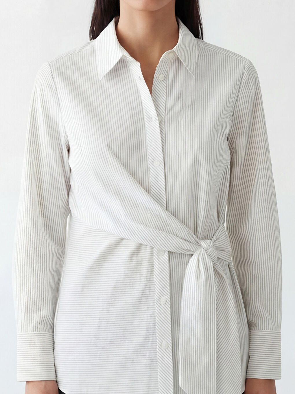 Ekru Çizgili Poplin Kadın Gömlek-2