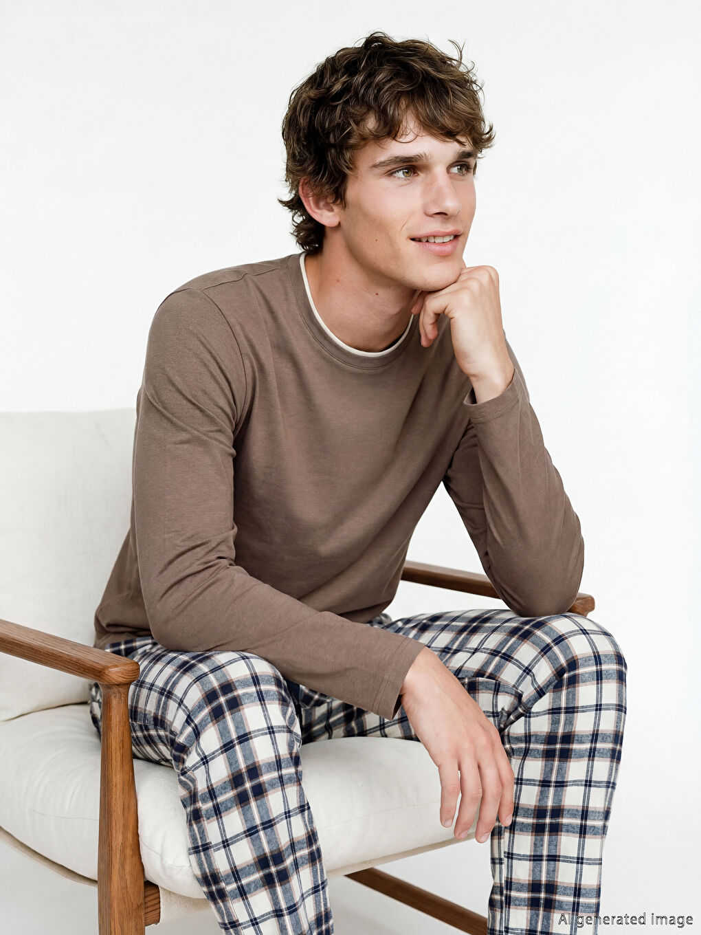 Kahverengi Standart Kalıp Ekose Erkek Pijama Takım