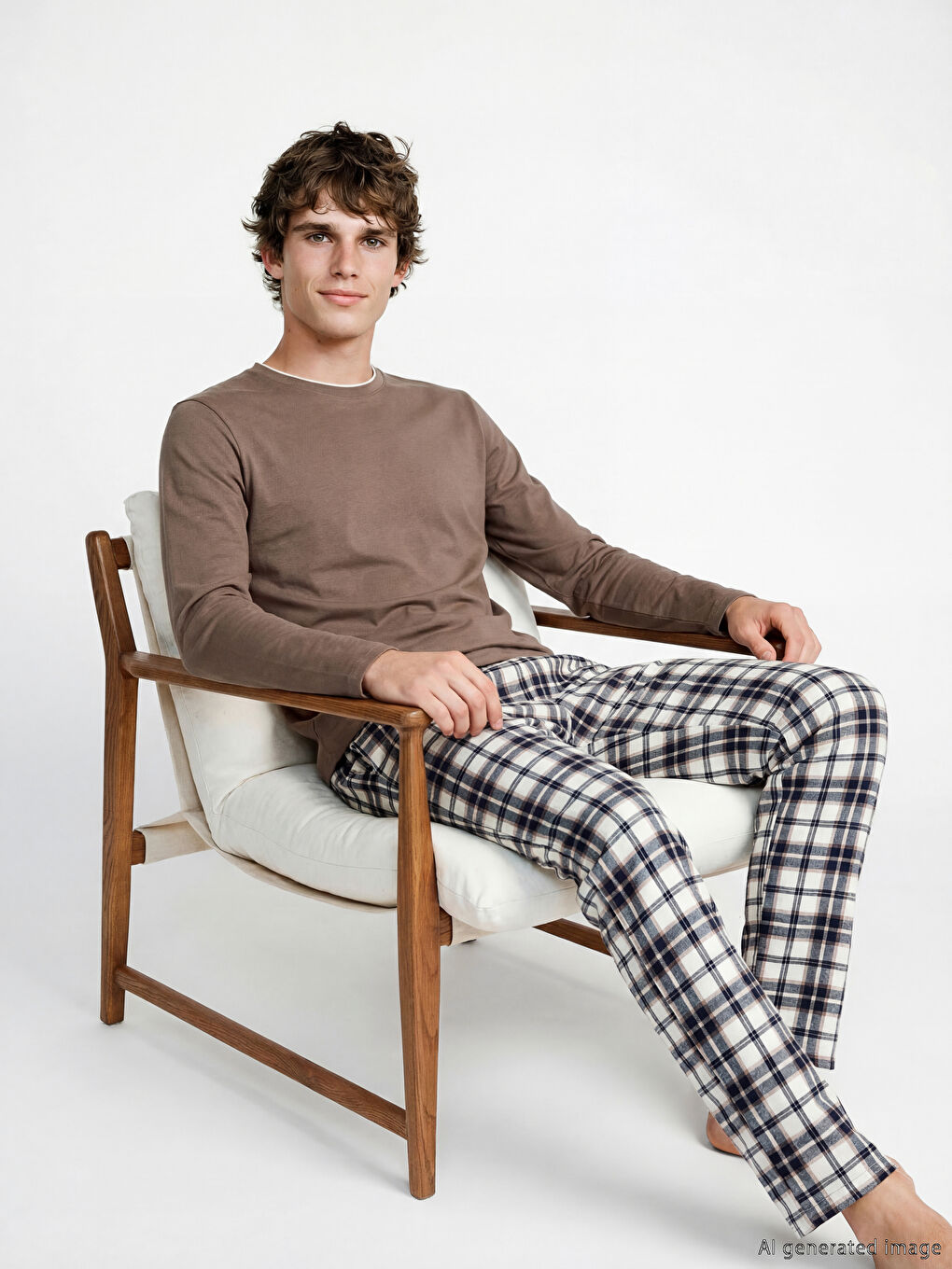 Kahverengi Standart Kalıp Ekose Erkek Pijama Takım-1