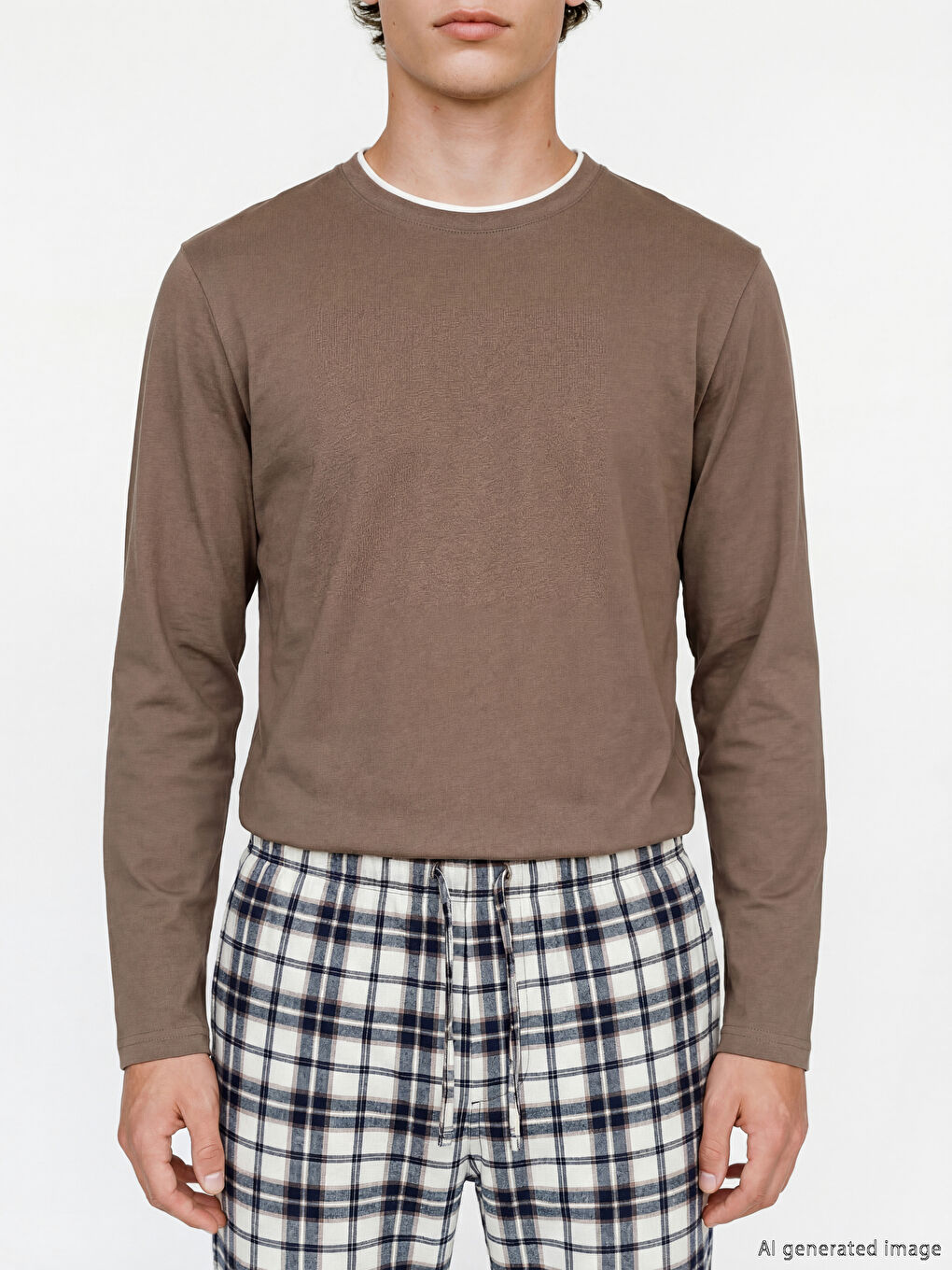 Kahverengi Standart Kalıp Ekose Erkek Pijama Takım-2