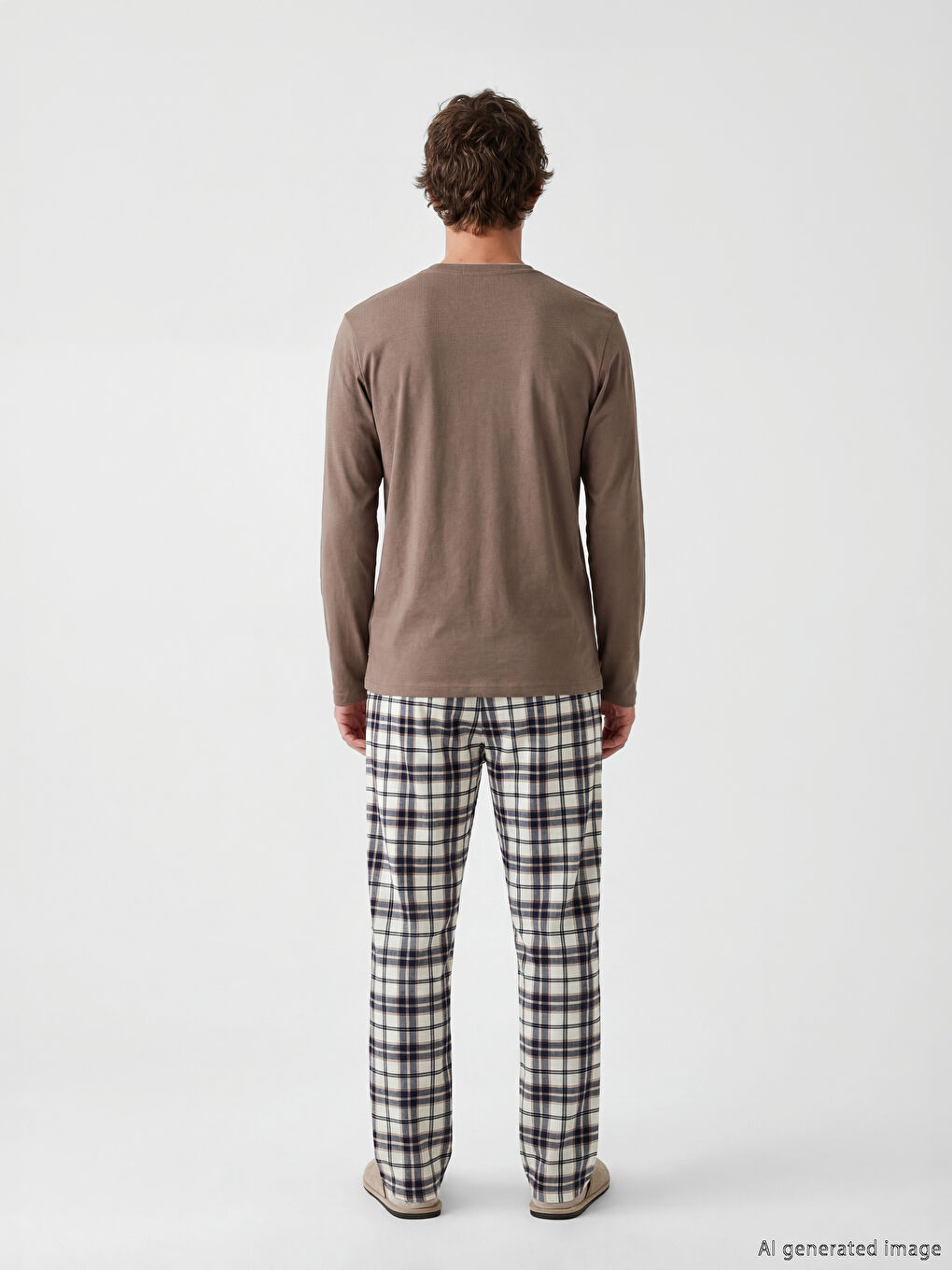Kahverengi Standart Kalıp Ekose Erkek Pijama Takım-3