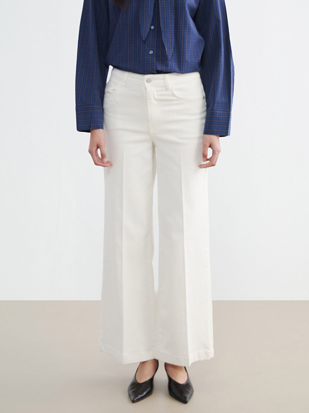 Beyaz Wideleg Kadın Jean Pantolon-1