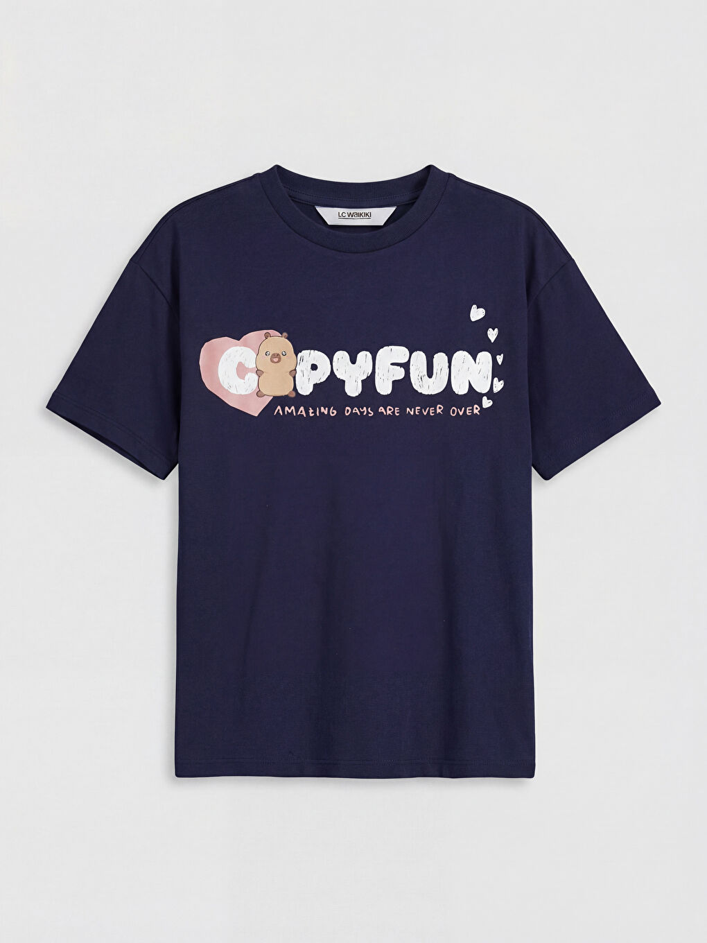 Lacivert Bisiklet Yaka Capyfun Baskılı Kız Çocuk Tişört