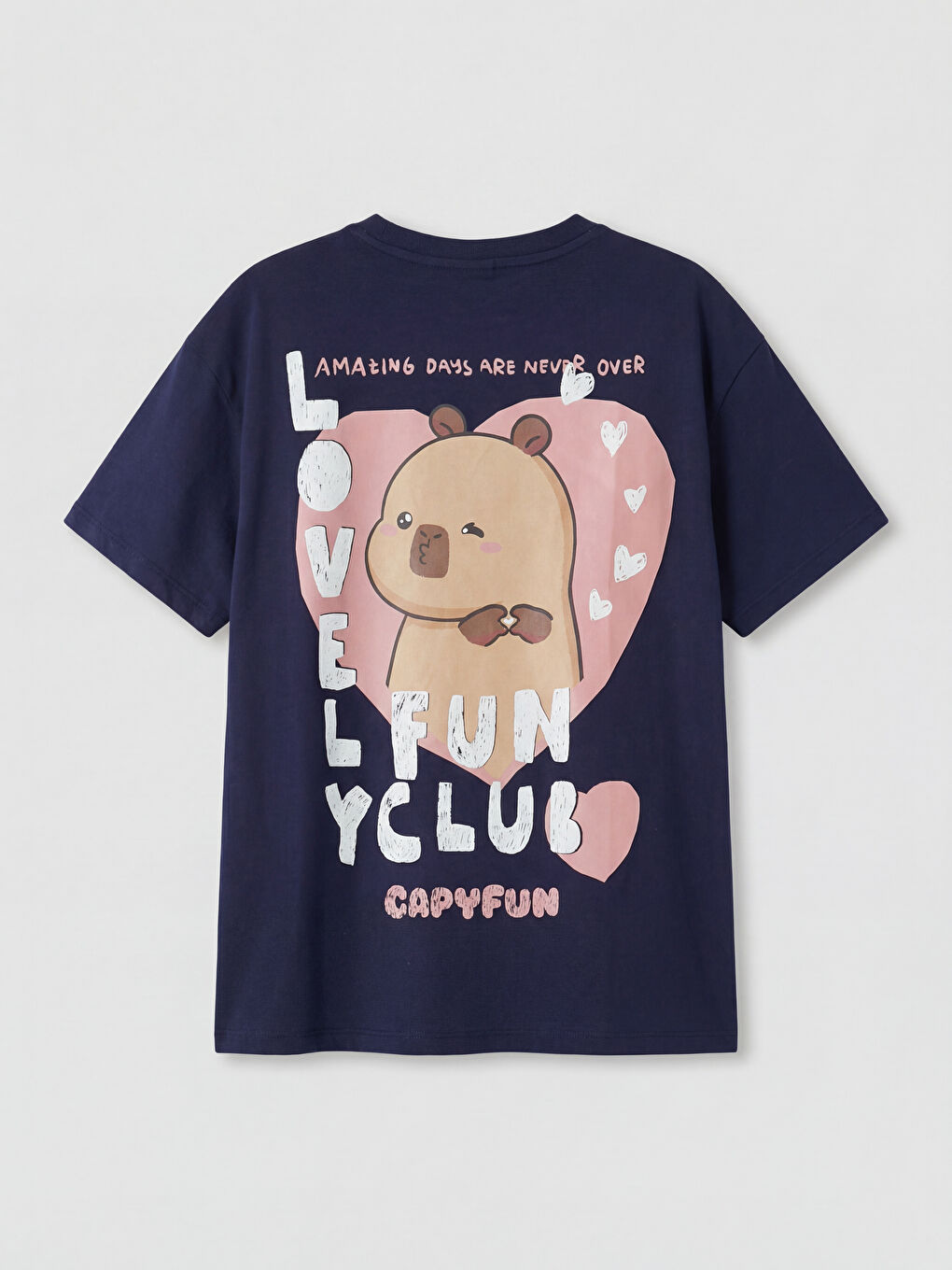 Lacivert Bisiklet Yaka Capyfun Baskılı Kız Çocuk Tişört-1