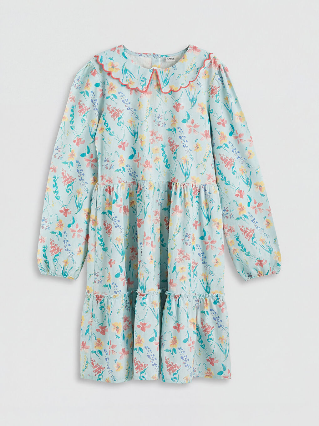 Mavi Bebe Yaka Çiçekli Kız Çocuk Poplin Elbise