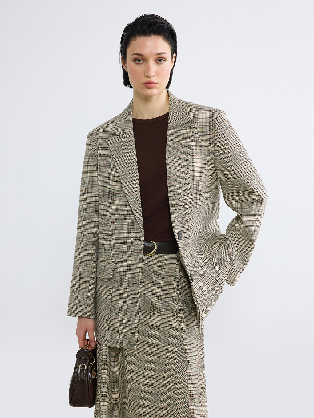 Kahverengi Ekose Kadın Blazer Ceket