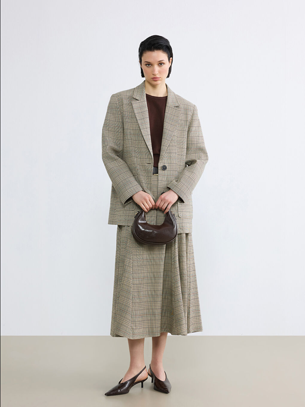 Kahverengi Ekose Kadın Blazer Ceket-1