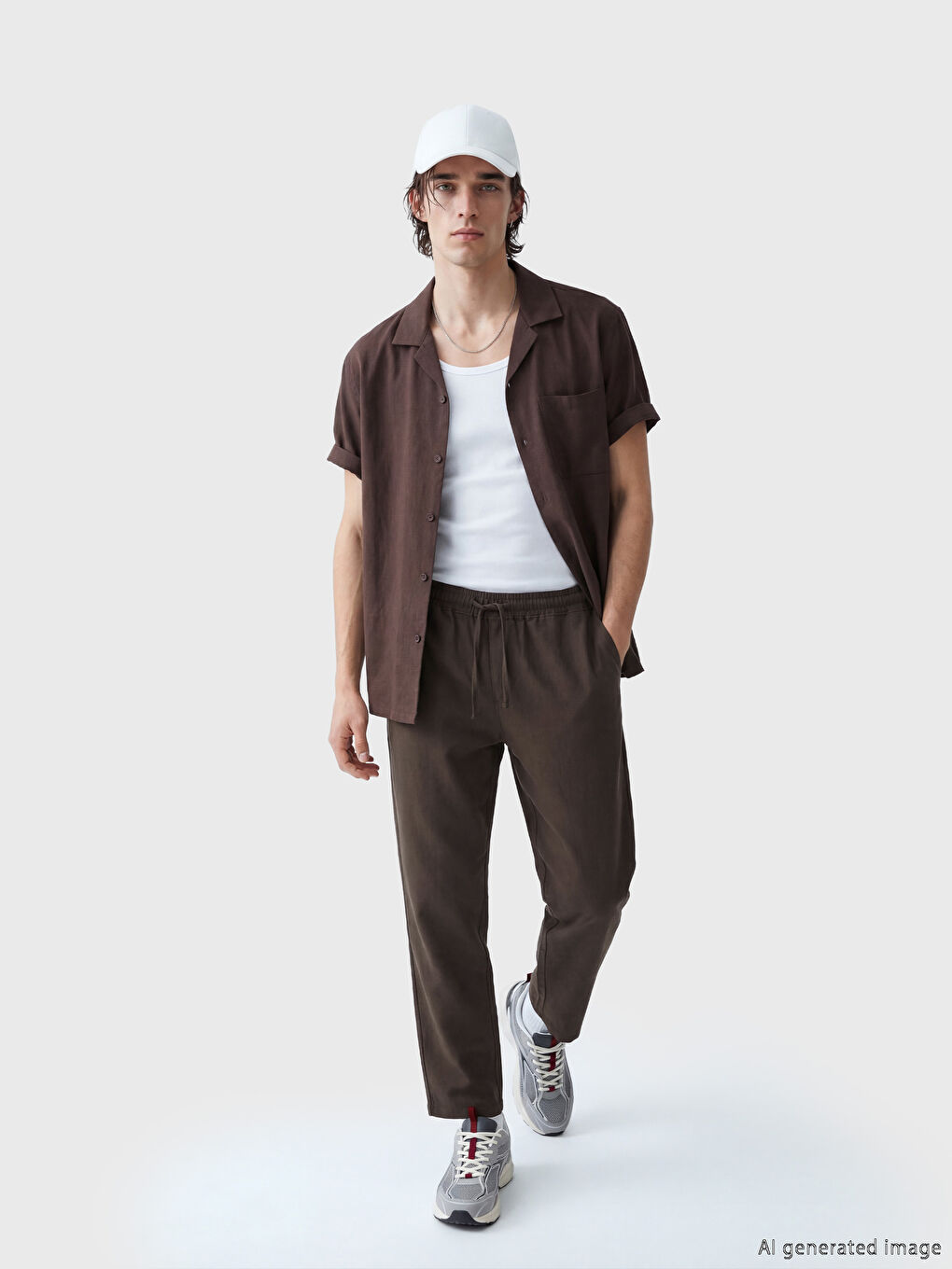 Kahverengi Keten Görünümlü Rahat Kalıp Erkek Pantolon