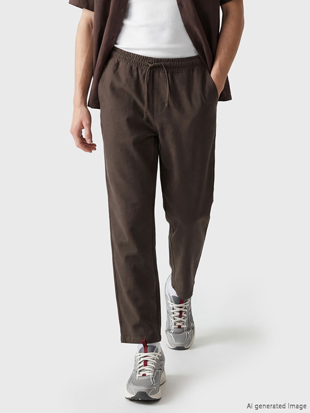 Kahverengi Keten Görünümlü Rahat Kalıp Erkek Pantolon-1