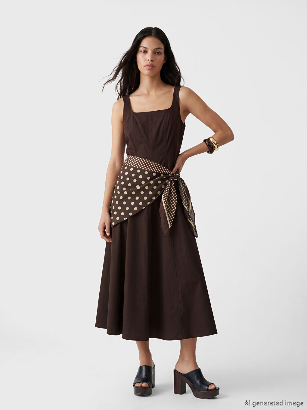 Kahverengi Şal Bağlamalı Poplin Elbise