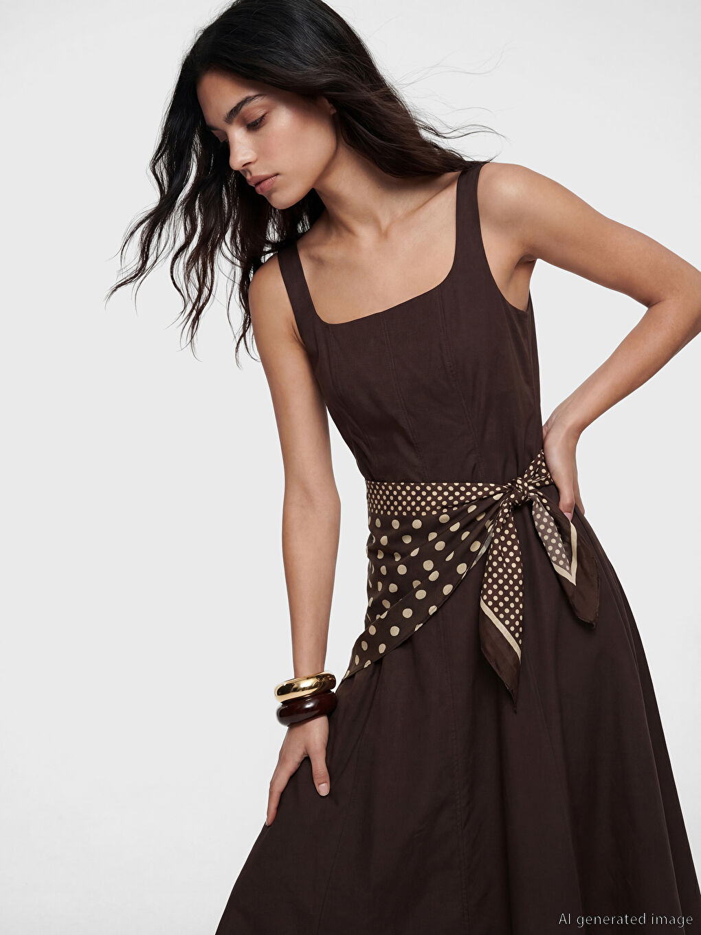 Kahverengi Şal Bağlamalı Poplin Elbise-1