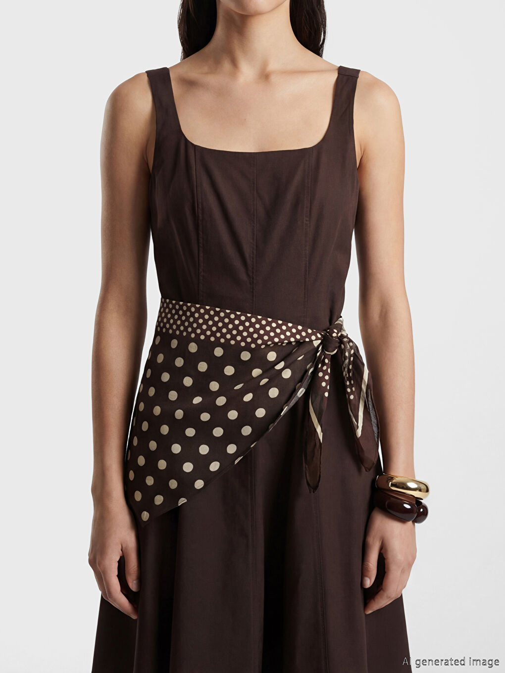 Kahverengi Şal Bağlamalı Poplin Elbise-2