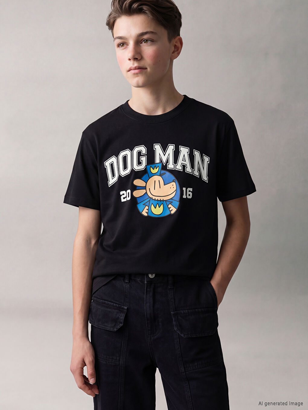 Crew Neck Dog Man Printed Boys' T-Shirt