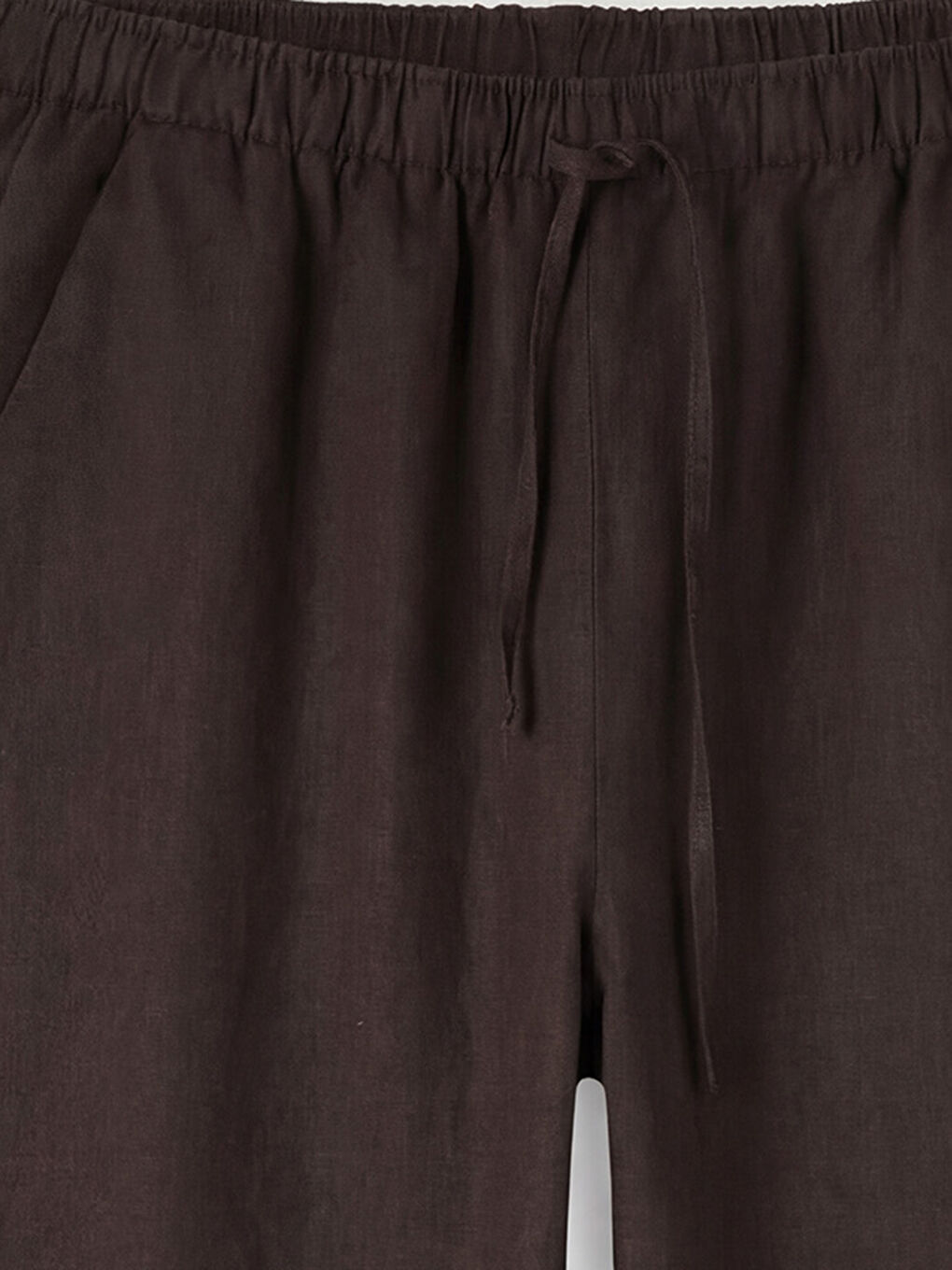 Kahverengi Beli Lastikli Kadın Keten Pantolon-2