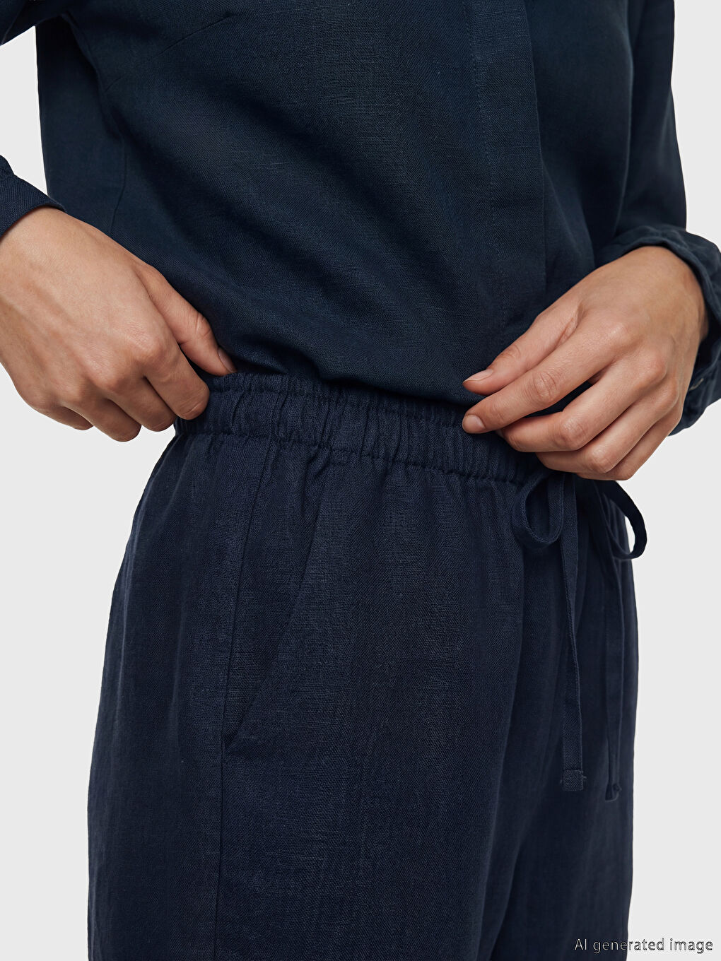 Lacivert Beli Lastikli Kadın Keten Pantolon-2