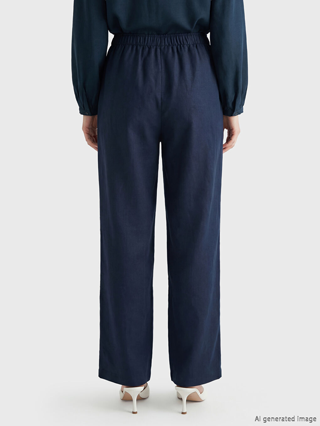 Lacivert Beli Lastikli Kadın Keten Pantolon-3