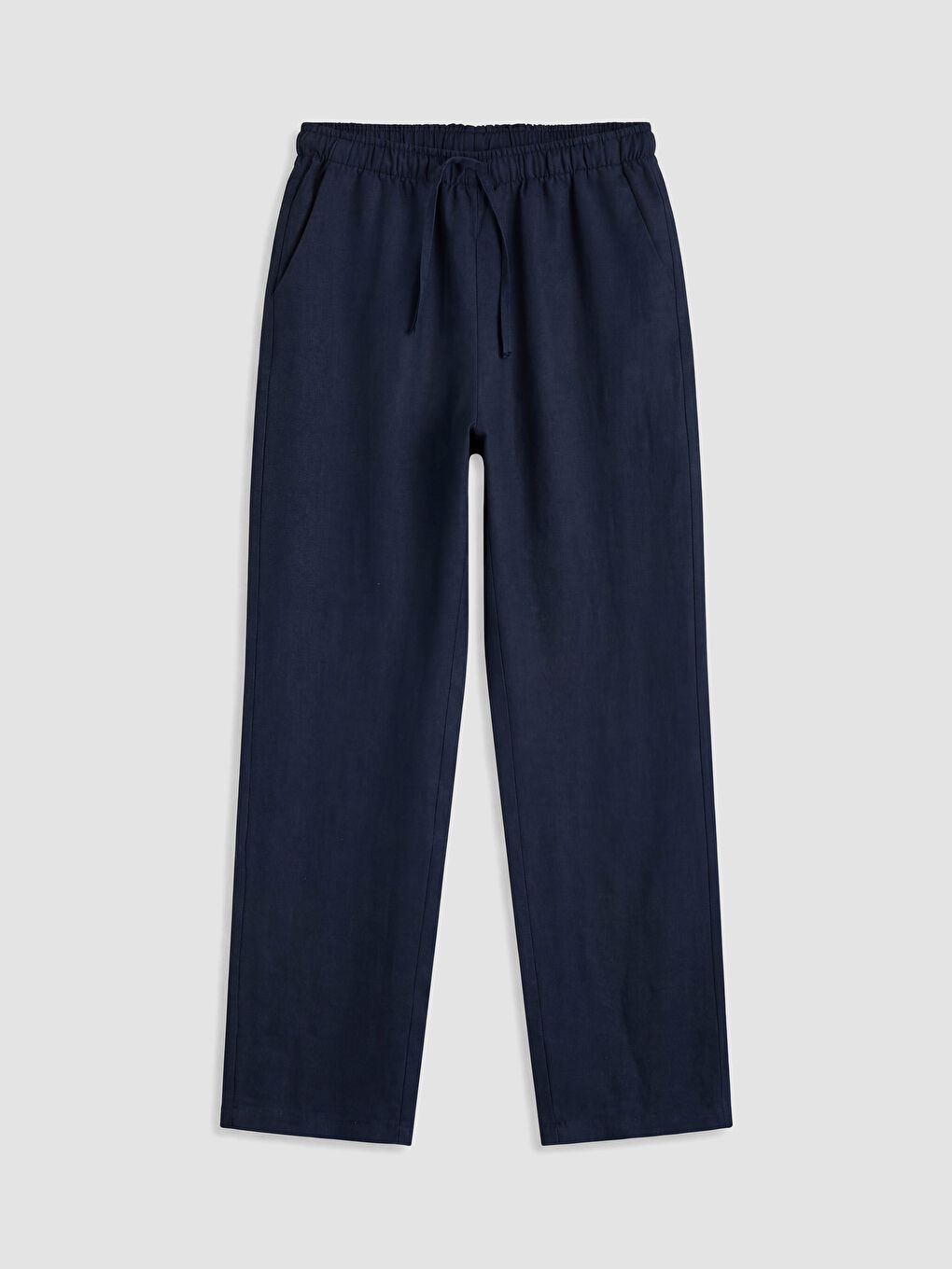 Lacivert Beli Lastikli Kadın Keten Pantolon-4