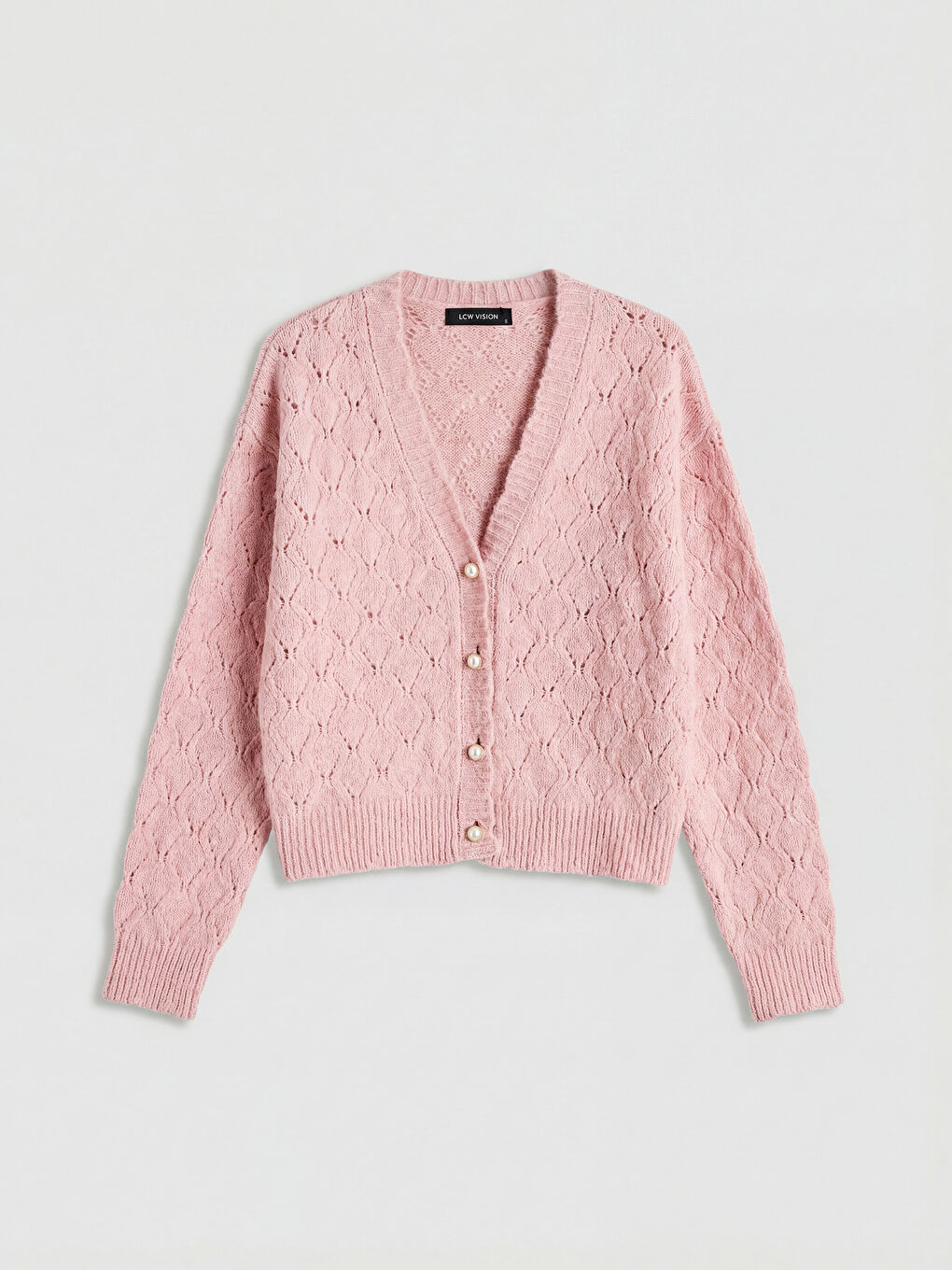 Pembe V Yaka Ajurlu Kadın Triko Hırka