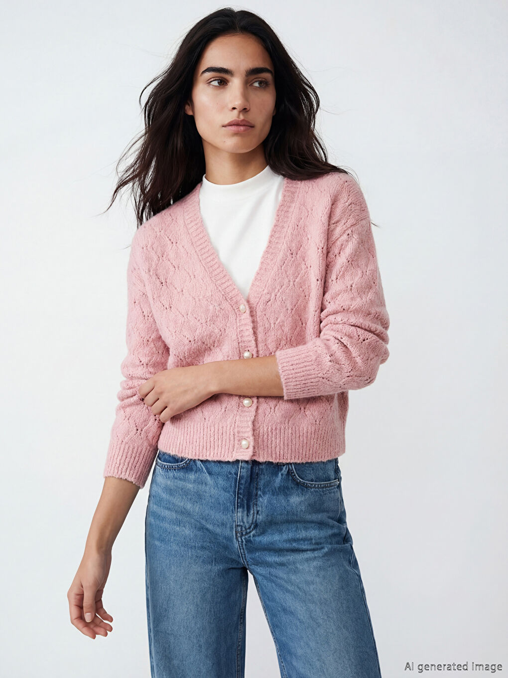 Pembe V Yaka Ajurlu Kadın Triko Hırka