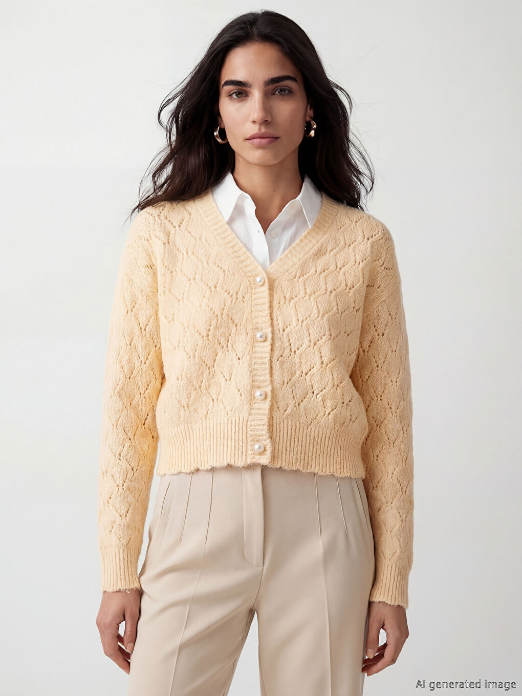 Sarı V Yaka Ajurlu Kadın Triko Hırka