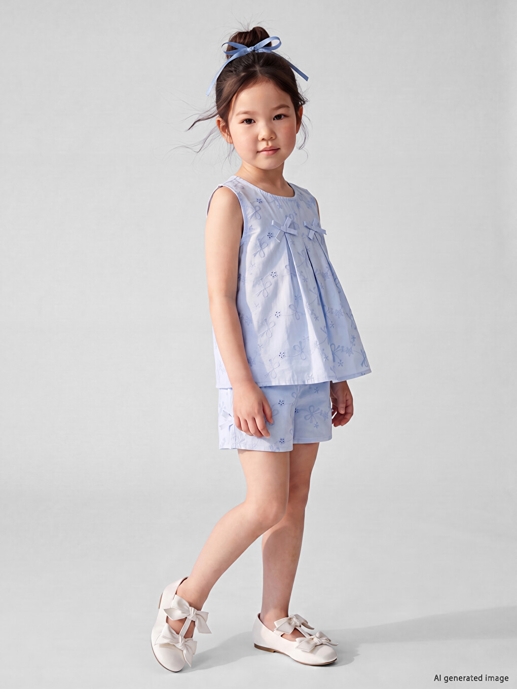 Bow Embroidered Girls' Shorts Set-2