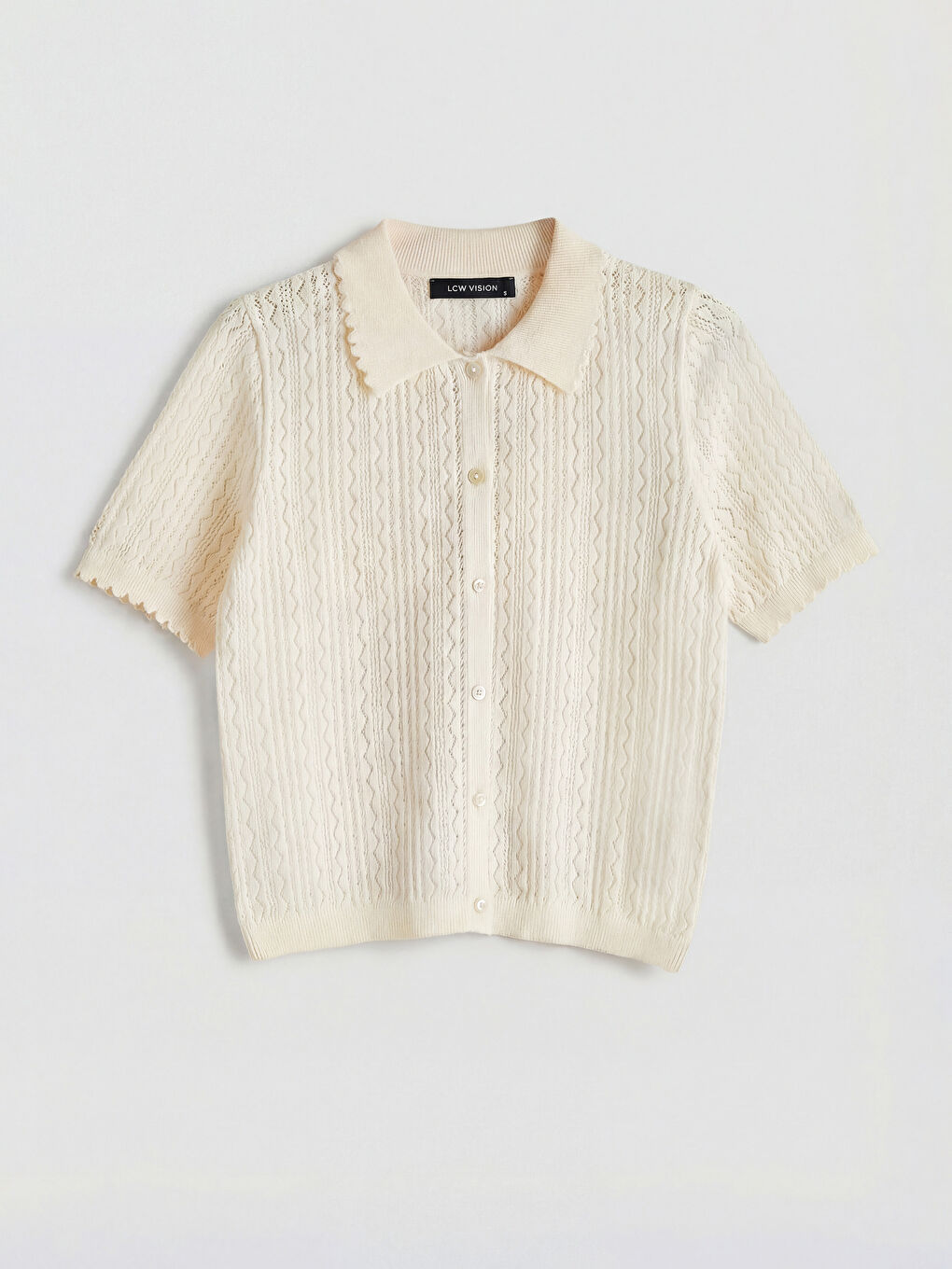 Ekru Polo Yaka Ajurlu Kadın Triko Kazak-4