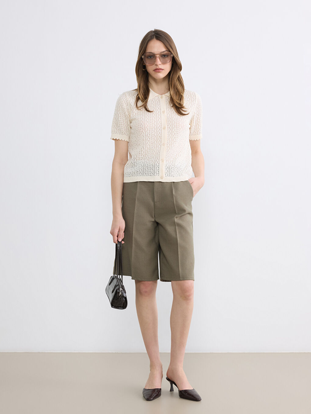 Ekru Polo Yaka Ajurlu Kadın Triko Kazak-1