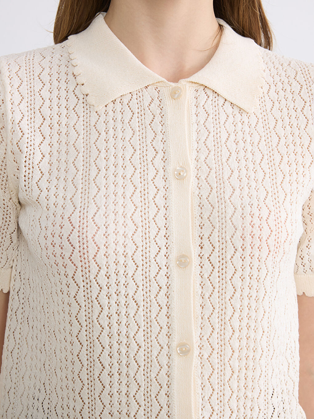 Ekru Polo Yaka Ajurlu Kadın Triko Kazak-2