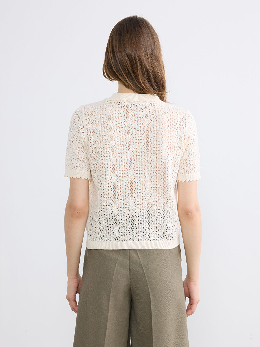 Ekru Polo Yaka Ajurlu Kadın Triko Kazak-3
