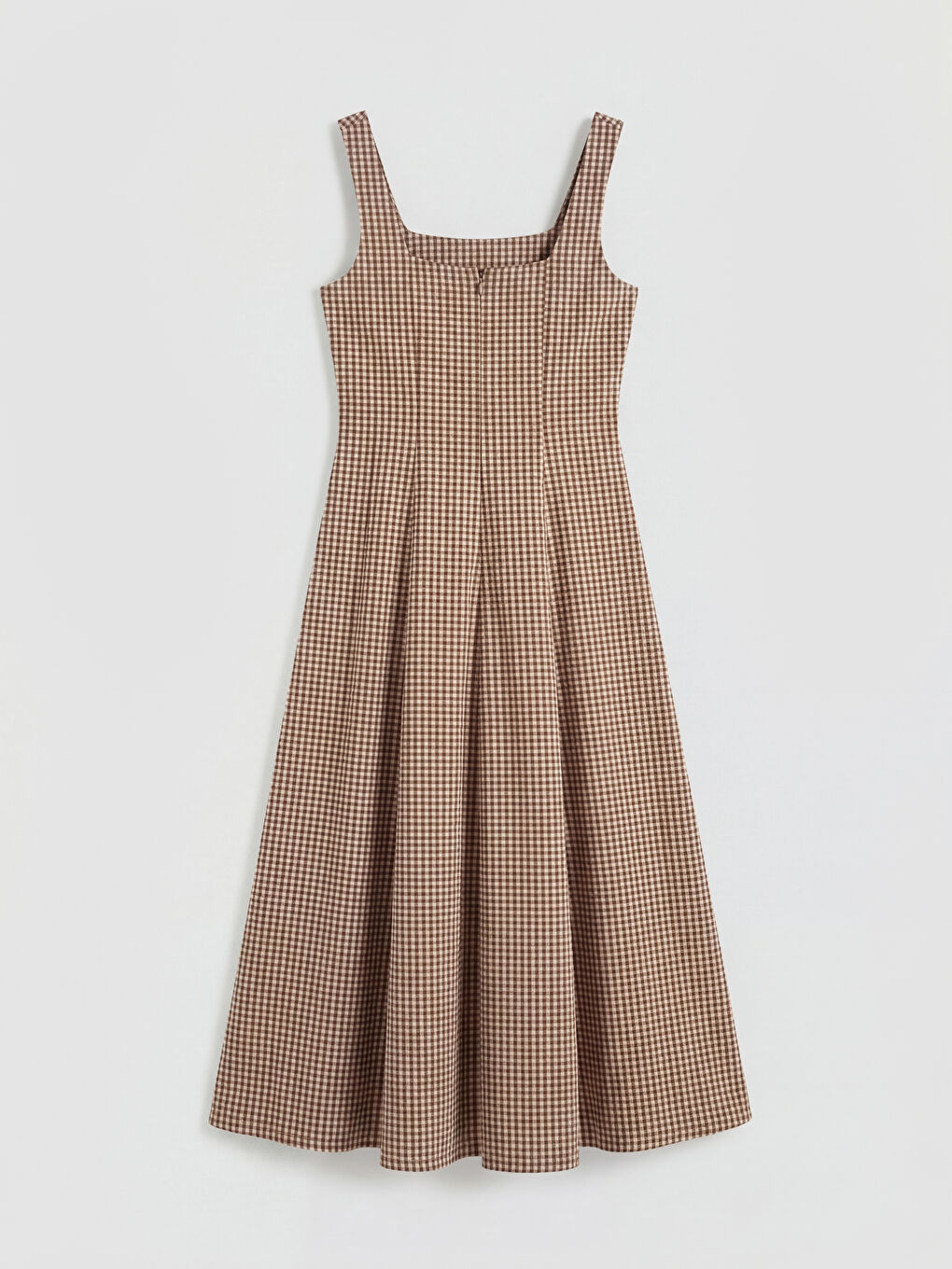 Kahverengi Kare Yaka Ekose Belden Oturtmalı Elbise-4