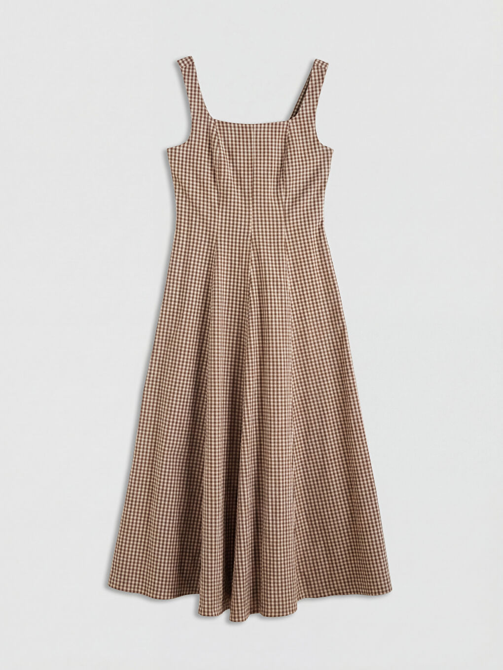 Kahverengi Kare Yaka Ekose Belden Oturtmalı Elbise-5