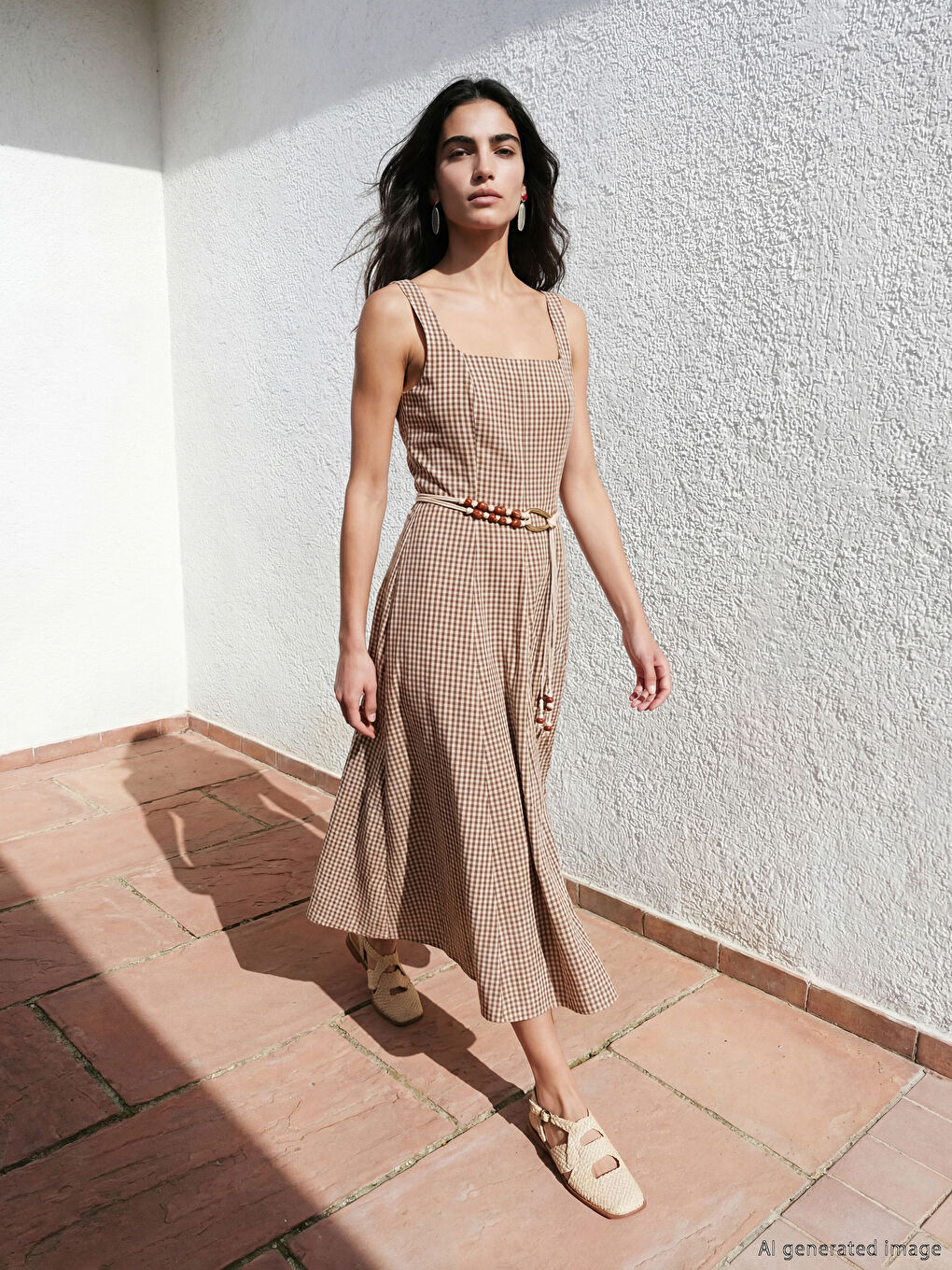 Платье с квадратным вырезом в клетку с приталенной талией