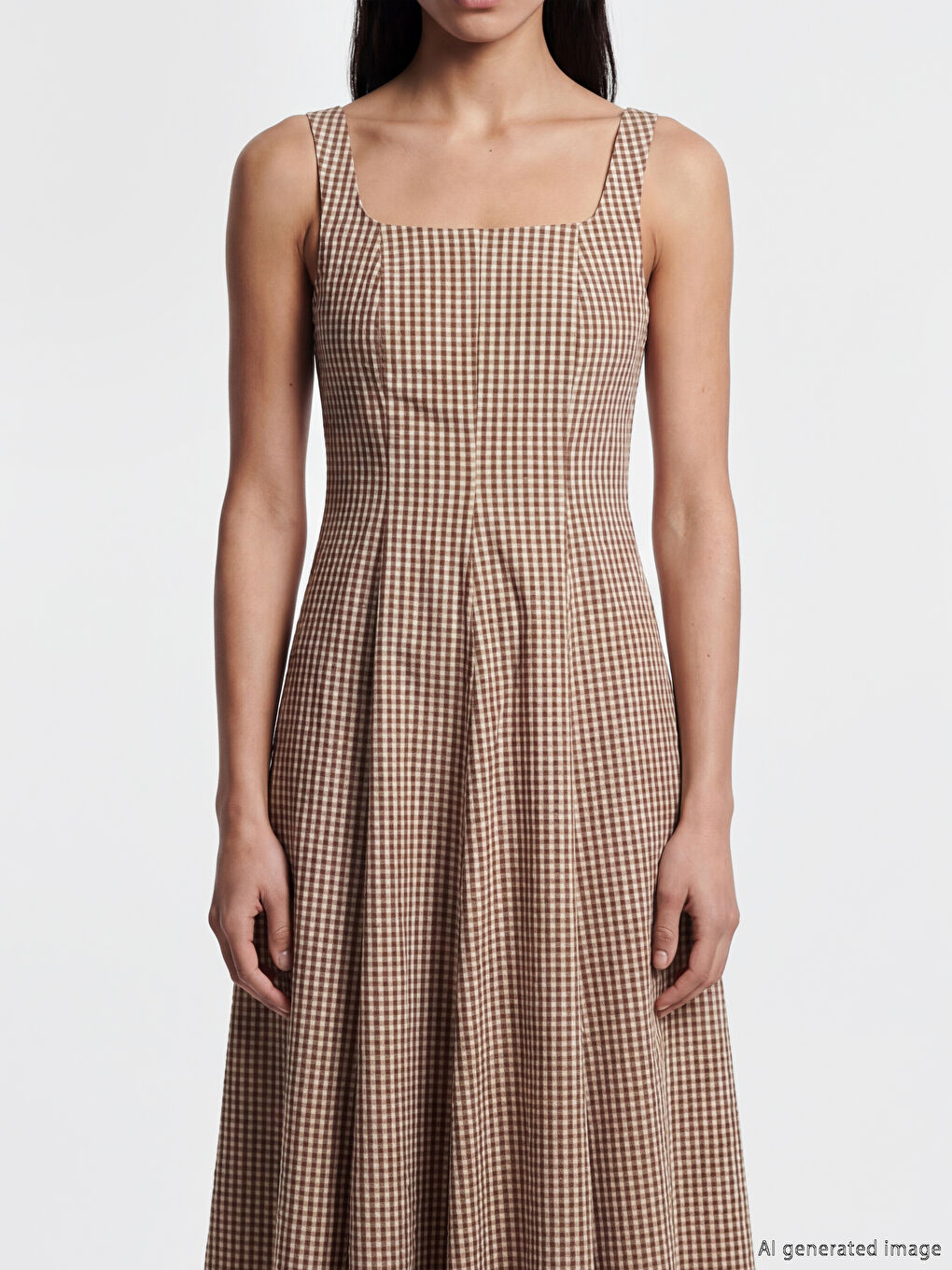 Kahverengi Kare Yaka Ekose Belden Oturtmalı Elbise-2