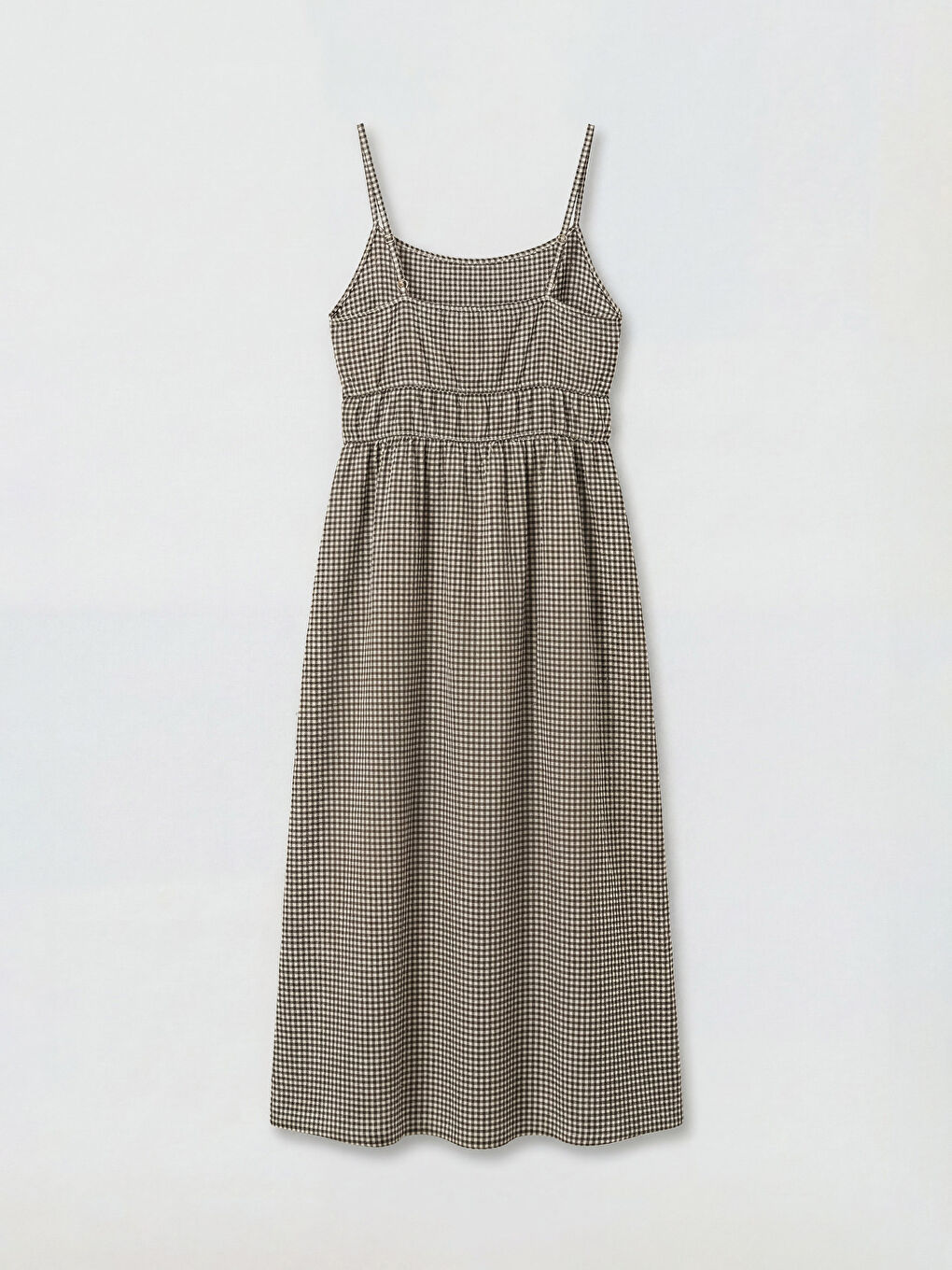 Kahverengi Kare Yaka Ekose İp Askılı Elbise-1