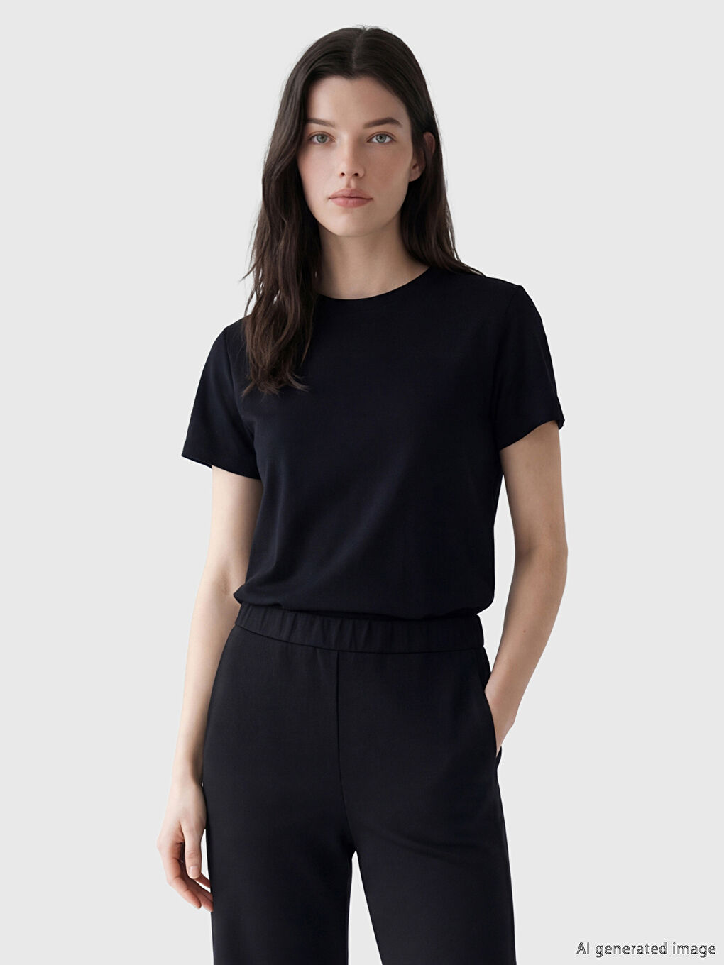 Siyah Bisiklet Yaka Soft Touch Kadın Tişört