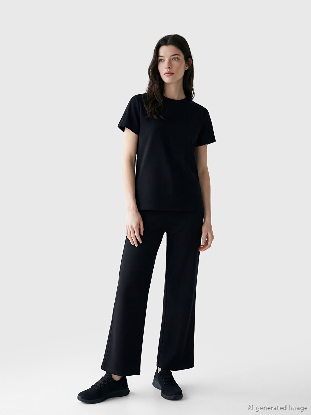 Siyah Bisiklet Yaka Soft Touch Kadın Tişört-1