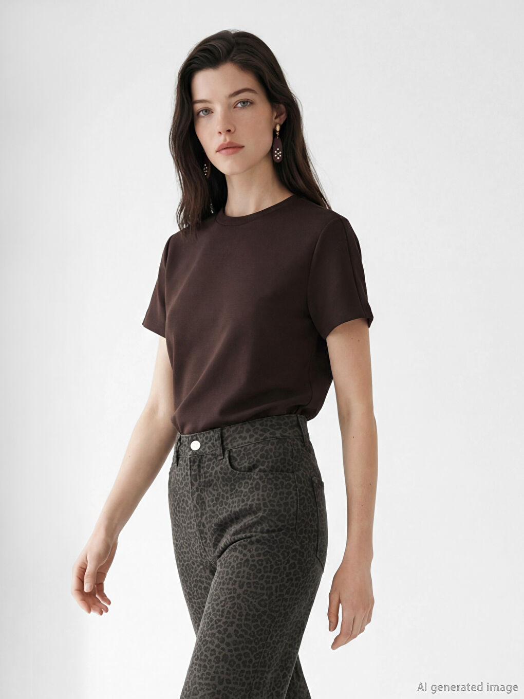 Kahverengi Bisiklet Yaka Soft Touch Kadın Tişört