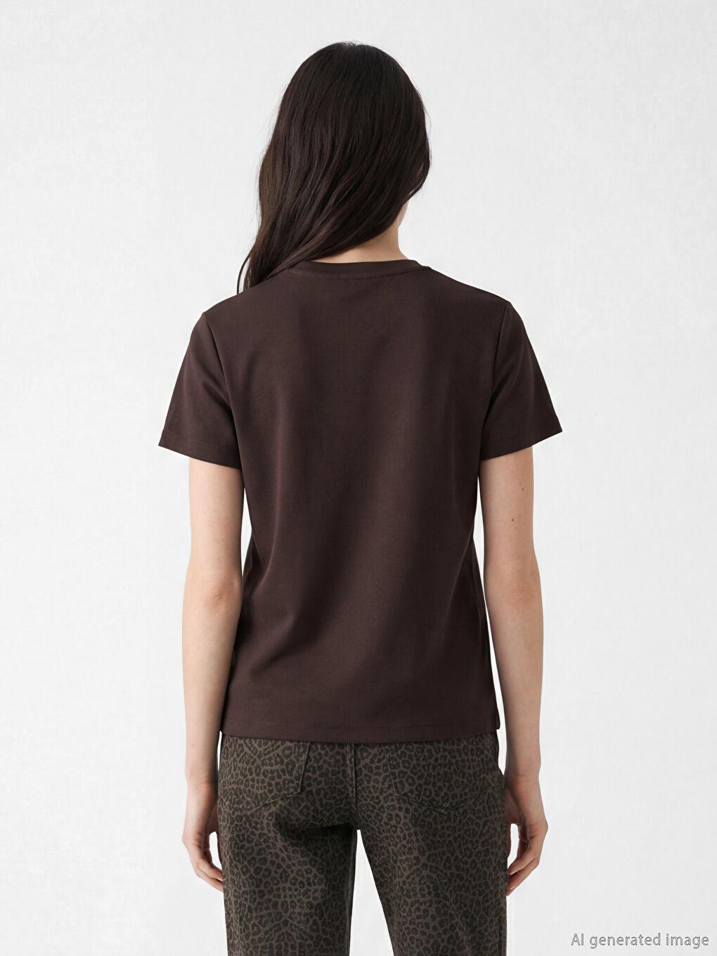 Kahverengi Bisiklet Yaka Soft Touch Kadın Tişört-2
