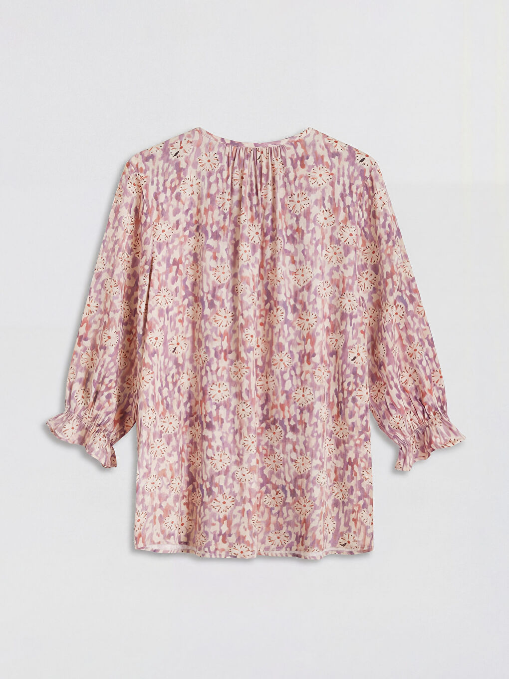 Pembe Bağlamalı Yaka Desenli Büzgülü Bluz-1