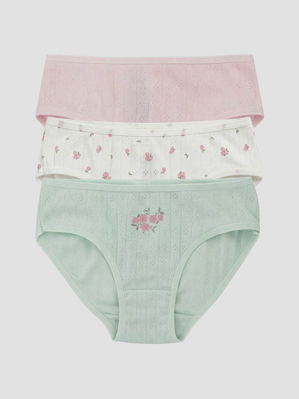 Ekru Çiçek Desenli ve Nakışlı Kız Çocuk 3'lü Külot-5