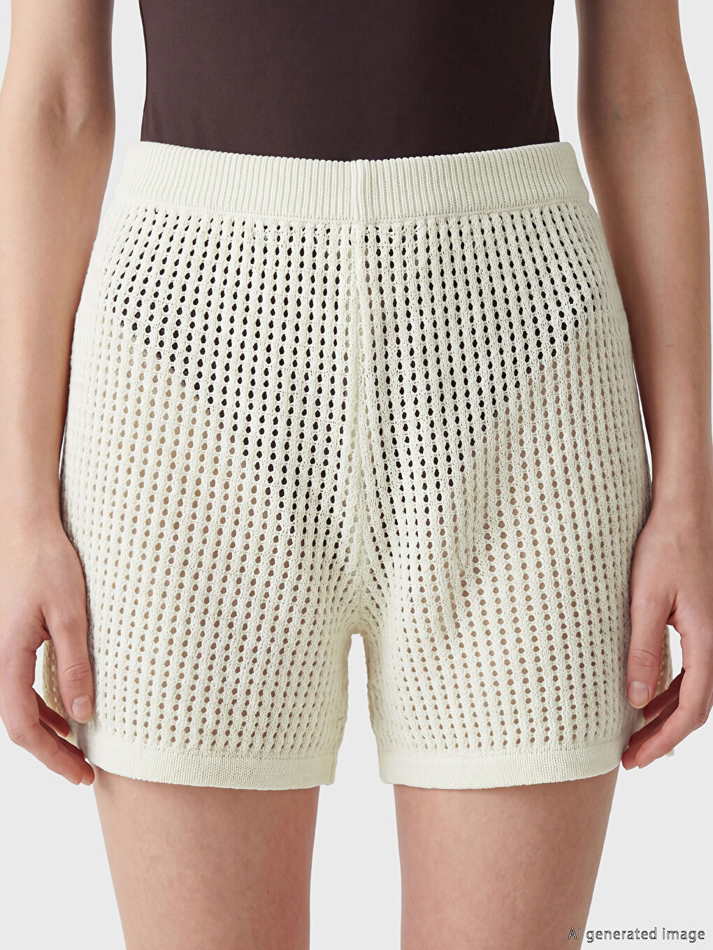 Bej Beli Lastikli Ajurlu Kadın Şort-3