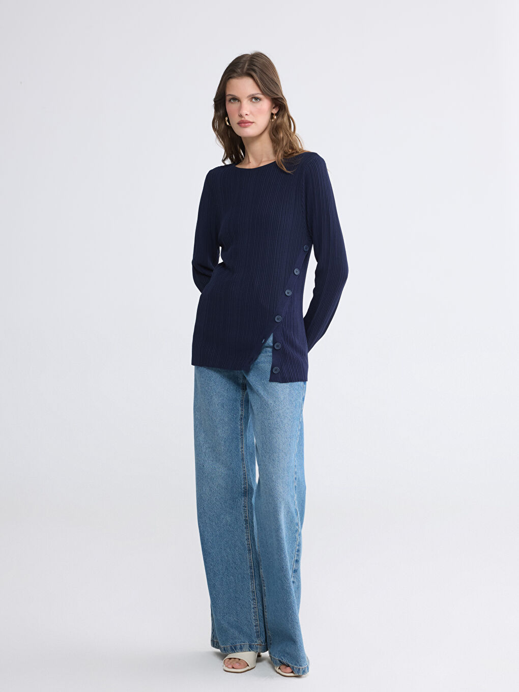 Lacivert Bisiklet Yaka Fitilli Kadın Triko Kazak-1