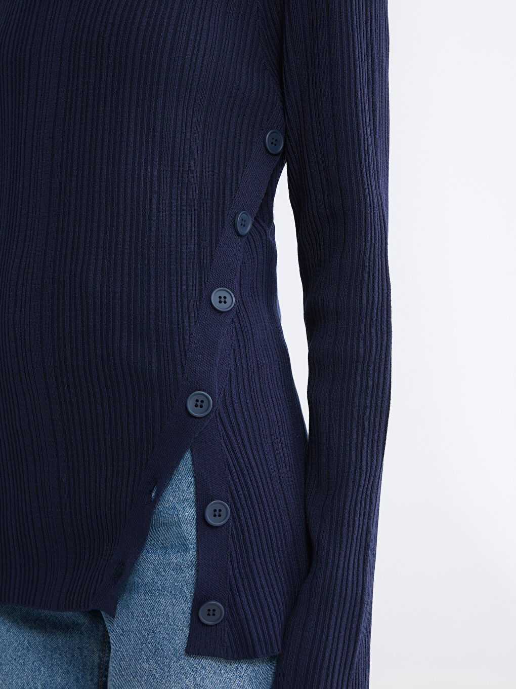 Lacivert Bisiklet Yaka Fitilli Kadın Triko Kazak-2