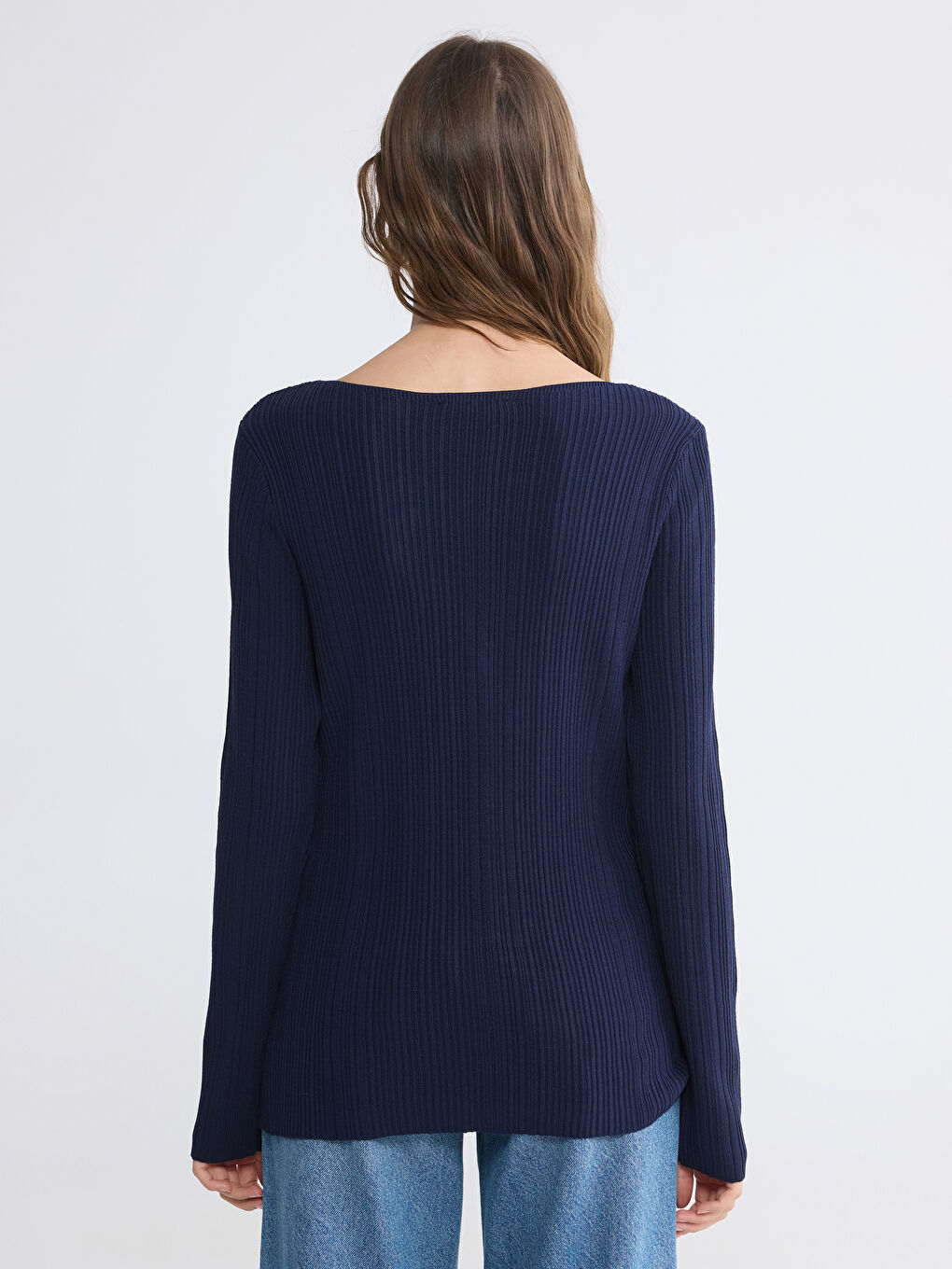 Lacivert Bisiklet Yaka Fitilli Kadın Triko Kazak-3