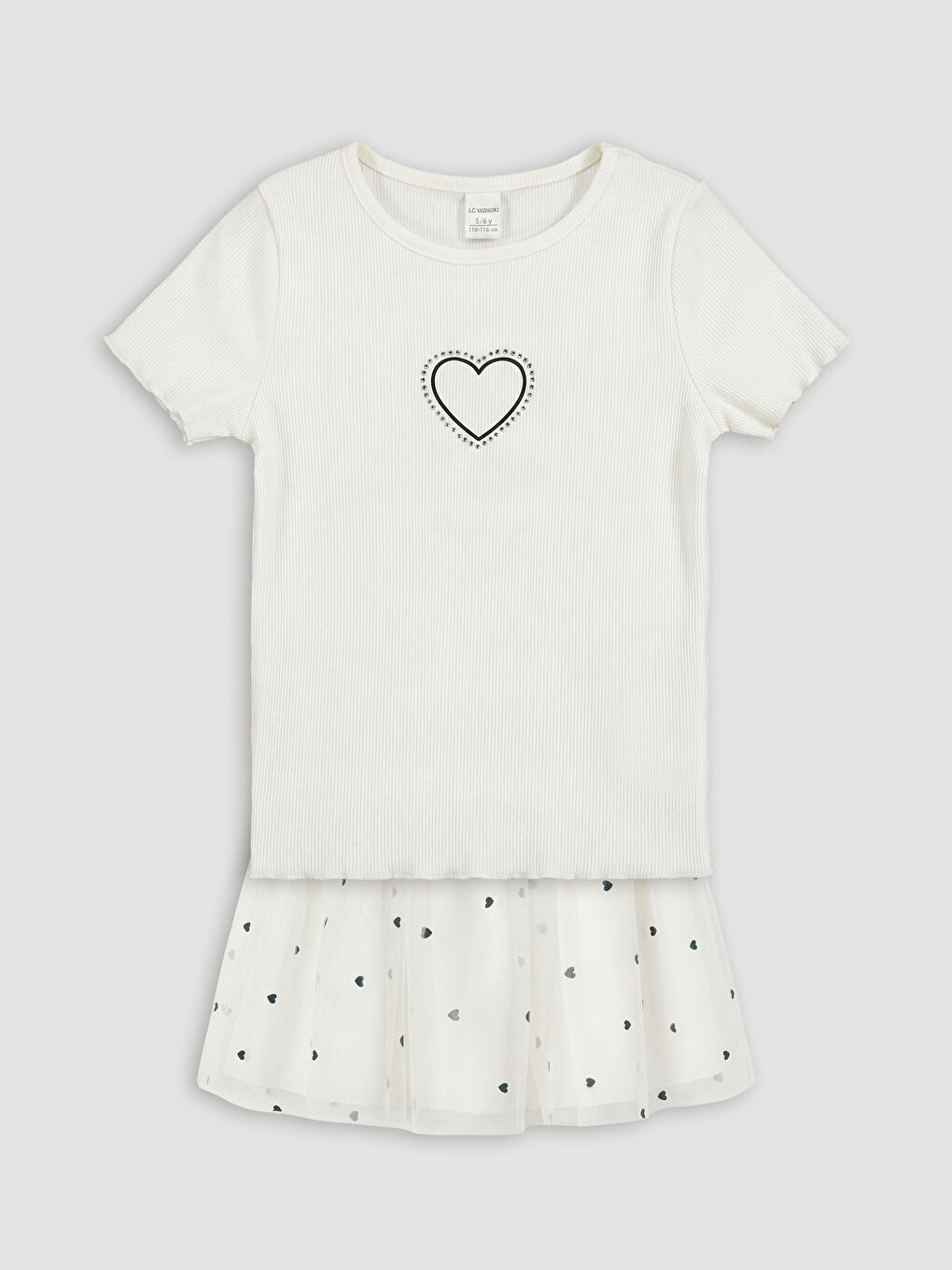 Beyaz Kalp Baskılı Tüllü Kız Çocuk Takım