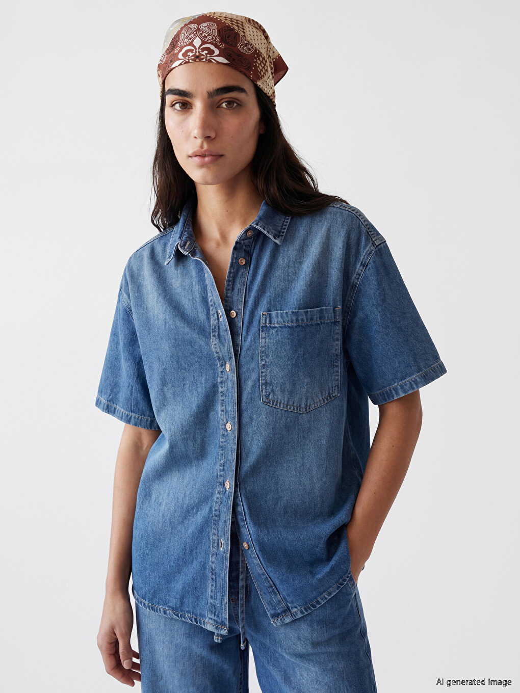 İndigo Oversize Kadın Jean Gömlek-1