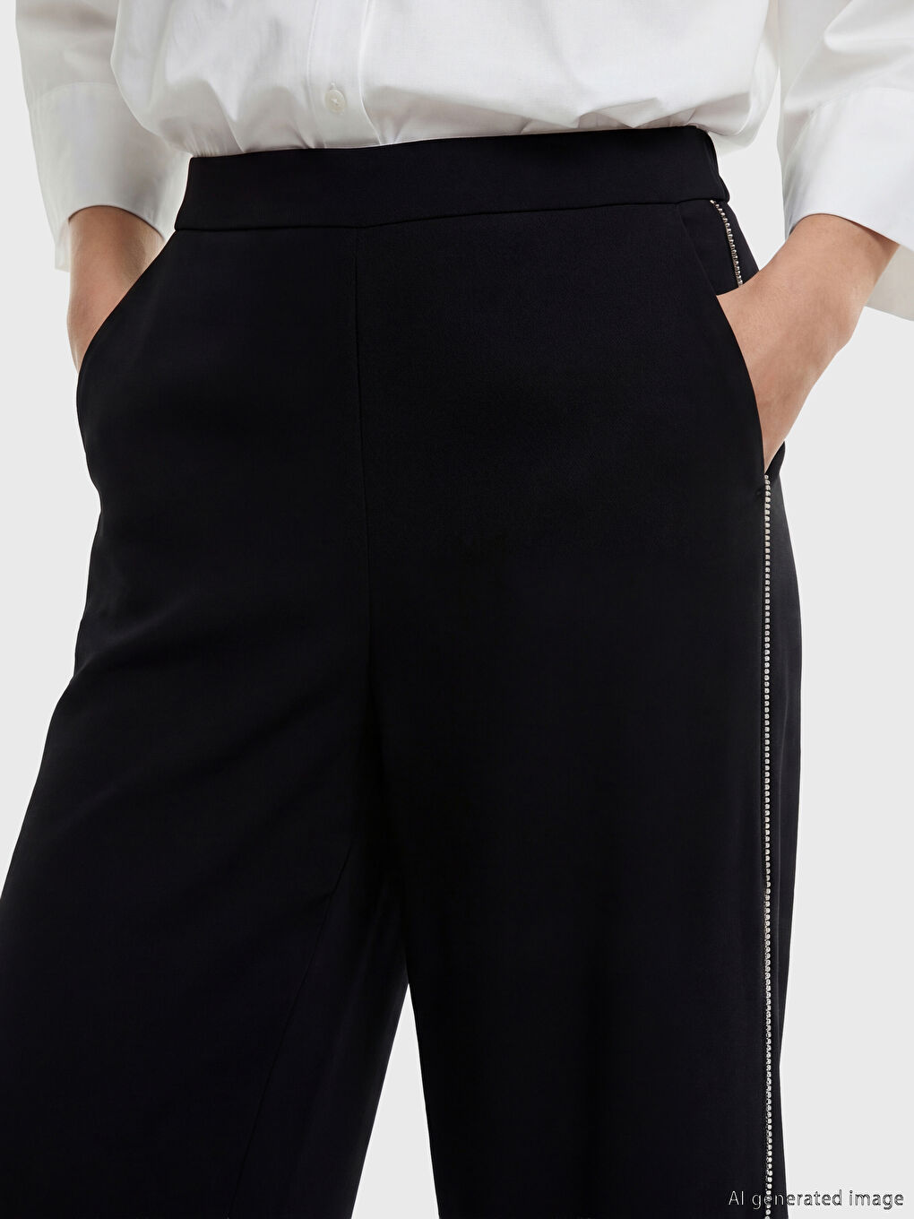 Siyah Beli Lastikli Taşlı Kadın Pantolon-1