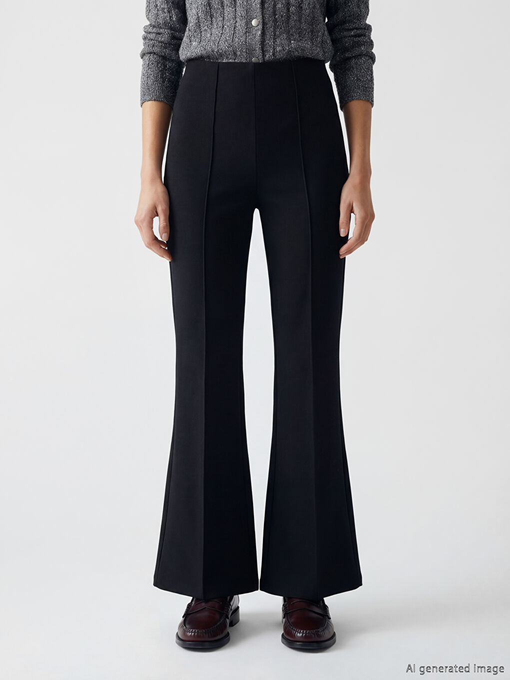 Antrasit Beli Lastikli İspanyol Paça Kadın Pantolon-1